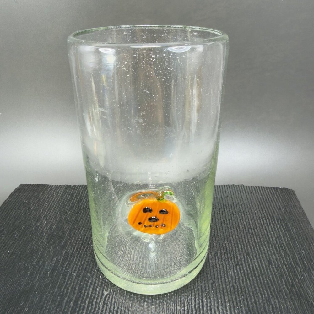 Hand Blown Single Clear Highball‎ Tumbler Cup With Applied Pumpkin With Bubbles